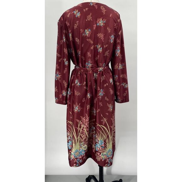 Vintage 70s Floral Print Matching Skirt Set Button Neck Tunic Midi Maroon Small - Picture 6 of 12